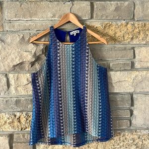 Crave Fame Blue White Brown Crochet Knit Racerback Top Size Large